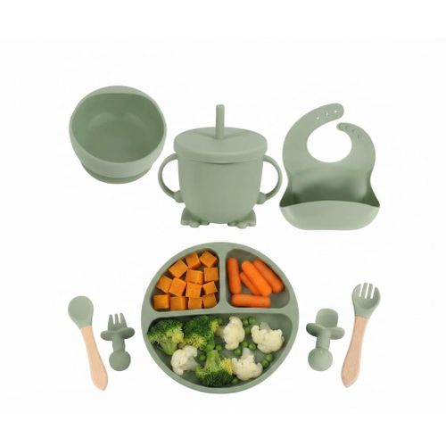 BabyCare Complete Silicone Baby Feeding Set - Suction Bowl, Divided Plate, Adjustable Bib, Sippy Cup &amp; Wooden Handle Utensils