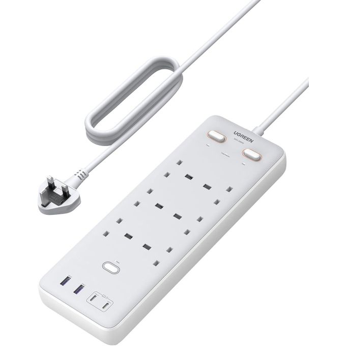 UGREEN Surge Protector Power Strip S551 White – 6 AC Outlets + 65W GaN Fast Charging (2A2C) with 2M Heavy-Duty Cord