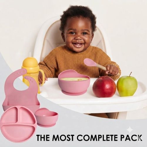BabyCare Complete Silicone Baby Feeding Set - Suction Bowl, Divided Plate, Adjustable Bib, Sippy Cup &amp; Wooden Handle Utensils