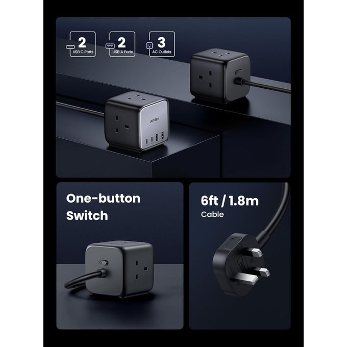 UGREEN DigiNest Cube Power Strip CD268 Black 7-in-1 65W GaN Fast Charging Station with 1.8M Cord