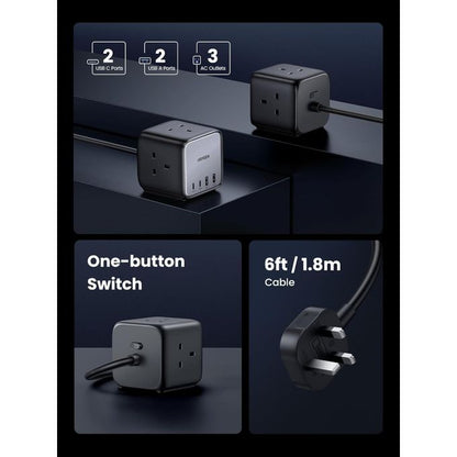 UGREEN DigiNest Cube Power Strip CD268 Black 7-in-1 65W GaN Fast Charging Station with 1.8M Cord