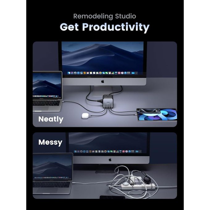 UGREEN DigiNest Cube Power Strip CD268 Black 7-in-1 65W GaN Fast Charging Station with 1.8M Cord