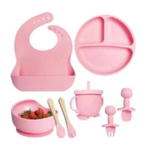 BabyCare Complete Silicone Baby Feeding Set - Suction Bowl, Divided Plate, Adjustable Bib, Sippy Cup &amp; Wooden Handle Utensils