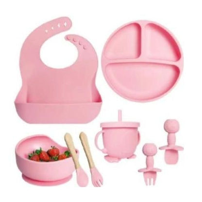 BabyCare Complete Silicone Baby Feeding Set - Suction Bowl, Divided Plate, Adjustable Bib, Sippy Cup &amp; Wooden Handle Utensils
