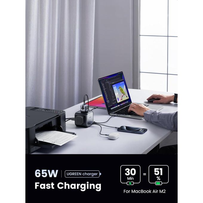 UGREEN DigiNest Cube Power Strip CD268 Black 7-in-1 65W GaN Fast Charging Station with 1.8M Cord