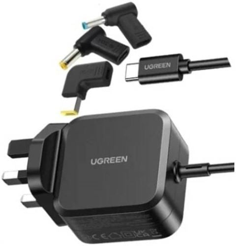 UGREEN USB-C 67W PD GaN Tech Power Adapter X377 Black UK Plug with 3 Interchangeable DC Connectors