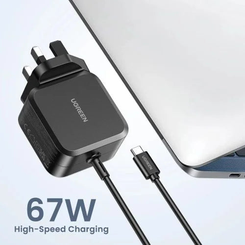 UGREEN USB-C 67W PD GaN Tech Power Adapter X377 Black UK Plug with 3 Interchangeable DC Connectors