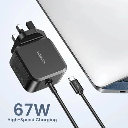 UGREEN USB-C 67W PD GaN Tech Power Adapter X377 Black UK Plug with 3 Interchangeable DC Connectors