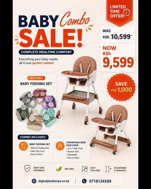 Baby Mealtime Essentials Combo – 4-in-1 Convertible High Chair + Complete Silicone Feeding Set