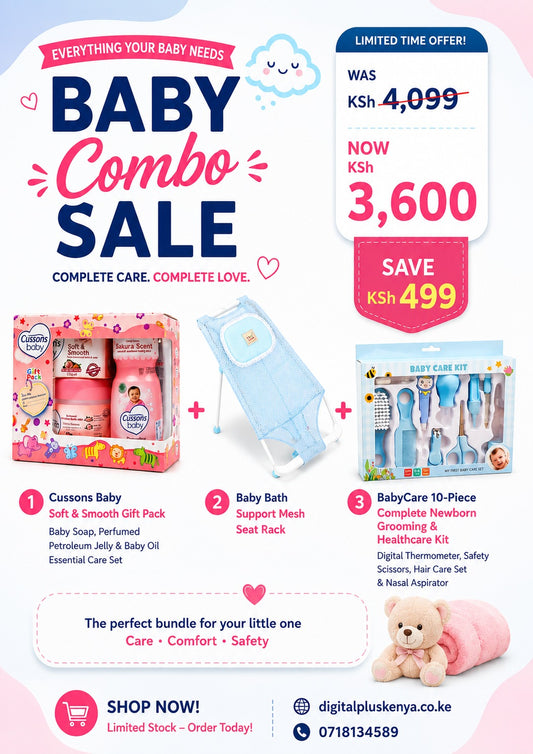 Complete Baby Care Essentials Combo – Bath Support + Cussons Baby Gift Pack + 10-Piece Grooming & Healthcare Kit