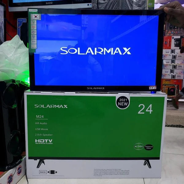 Solarmax 24-Inch HD Digital LED TV, Frameless Smart Android TV with Bluetooth, Wi-Fi, Netflix, YouTube & AC/DC Solar Compatibility