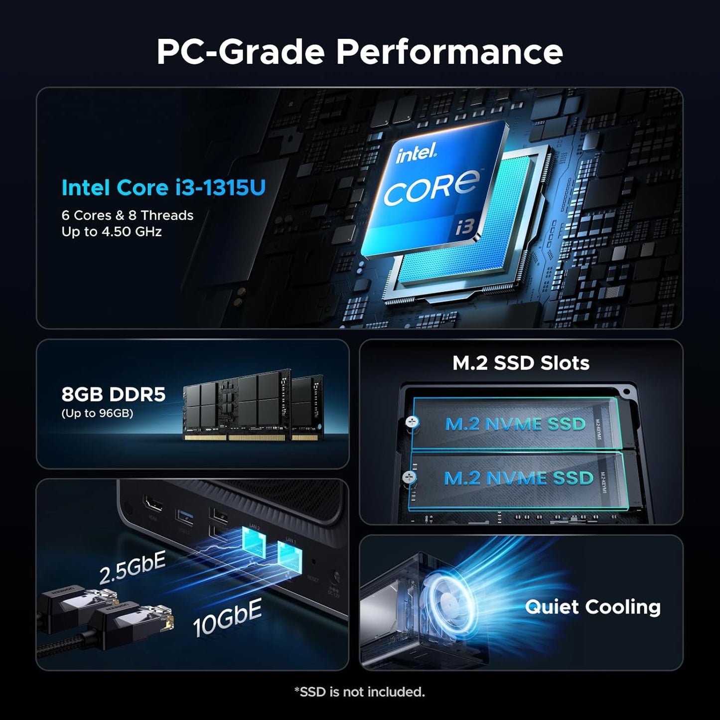 UGREEN NASync DXP4800 Plus 4-Bay Network Attached Storage CM752 Intel Pentium 8505 8GB DDR5 RAM 128GB SSD 10GbE