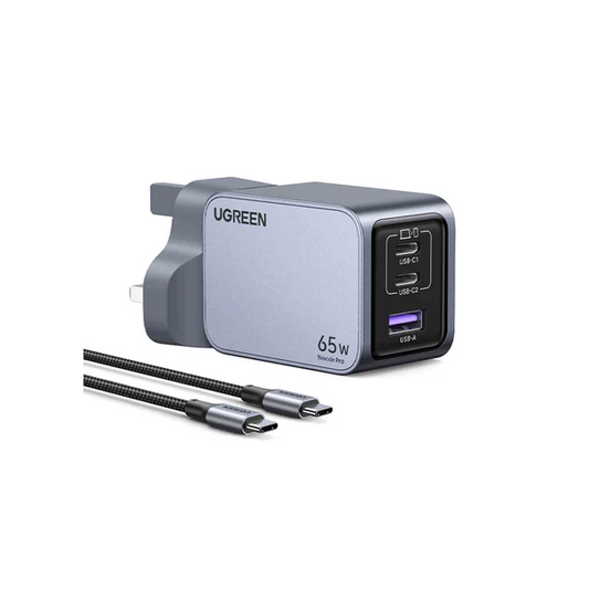 UGREEN Nexode Pro 65W 3-Port GaN Fast Charger X755 Grey UK Plug with 1.5M 100W USB-C Cable
